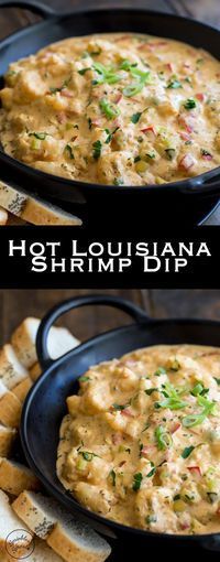 two pictures of different types of food in black pans with text overlay that reads hot louisiana shrimp dip