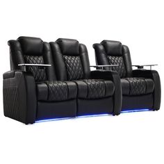 two black leather reclining chairs with blue lights on the armrests and arms