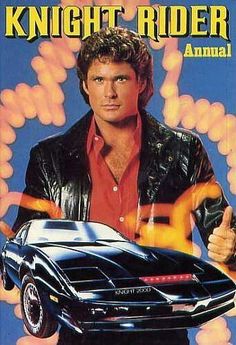 an advertisement for knight rider, with a man holding a car in front of him