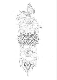 a line drawing with roses and butterflies on it