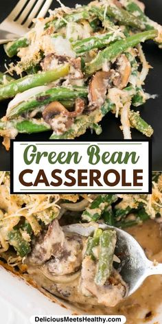 green bean casserole with mushrooms and grated cheese