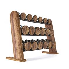 a wooden rack with several wine glasses on it's sides and two rows of bottles in the middle