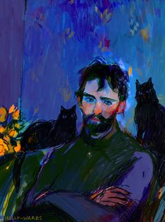 a painting of a man with three cats on his shoulder and one cat sitting on him