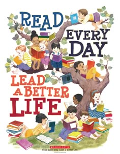 the book cover for read every day, with children reading books and an apple tree