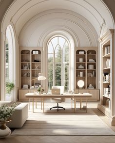 a large room with an arched ceiling and white furniture in front of a big window