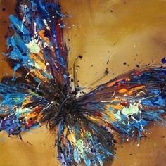 a painting of a colorful butterfly on a brown background