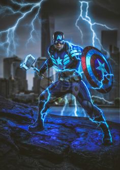 a man in blue and black is holding a shield while lightning strikes behind his head