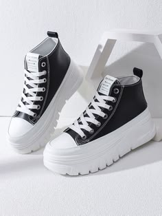 Black Sporty Collar   Plain Canvas Embellished   Women Shoes Preppy Shoes, Black And White Shoes, Cute Sneakers, Canvas Shoes Women