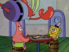 the spongebob character is talking to someone at a table with balloons in front of him