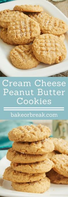 cream cheese peanut butter cookies are stacked on a white plate with the words, cream cheese peanut butter cookies