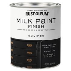 a white paint can with black drawers and gold hardware on the bottom that says, rustoleum milk paint finish eclipse