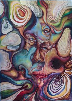 an abstract painting with multiple colors and shapes on the face, including swirly lines