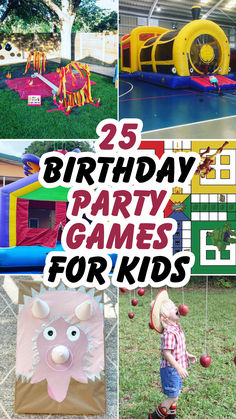 A colorful collage featuring fun birthday party ideas for kids. It includes a festive bouncy castle, playful games, creative decor with a pig craft, and engaging activities. Bold text displays, "25 Birthday Party Games for Kids." Perfect for party planning! 4th Birthday Games, Outdoor Kids Birthday Party Ideas, Activities For Toddler Birthday Party, Indoor Party Games For Kids, Fun Party Games For Kids, Party Games For Toddlers, Games For Kids Party, Kids Birthday Party Games