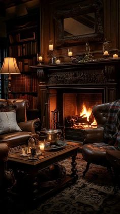 a living room filled with furniture and a fire place in the middle of a fireplace