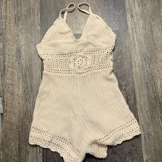 Beige Crochet Romper Chic Fitted Crochet Top For Beach Season, Knitted Lace Crochet Top For Summer, Fitted Beige Crochet Top For Summer, Summer Cream Crochet Knit Top, Fitted Cream Crochet Top For Summer, Crochet Jumpsuit, Strap Crochet, Crochet Jumpsuits, Beige Crochet