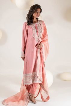 Pink full sleeves A-line dupion kurta with blossom aari and zardozi embroidery using sequin highlights. Paired with a straight satin lycra pant and embellished organza dupatta. - Aza Fashions Raw Silk Unstitched Suit With Long Sleeves For Reception, Reception Raw Silk Unstitched Suit With Long Sleeves, Spring Wedding Cotton Silk Lawn Suit, Elegant Unstitched Dabka Suit For Spring, Elegant Unstitched Suit With Dabka For Spring, Elegant Chanderi Sharara For Spring, Elegant Naqshi Palazzo Set For Festivals, Festive Long Sleeve Sharara With Naqshi, Wedding Silk Palazzo Set With Naqshi