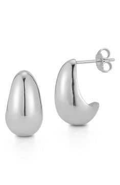 Soft angles shape a pair of versatile huggie hoop earrings fashioned from polished fine metals. 0.6" drop Post back Rhodium plated or 14K gold plated sterling silver Imported Modern Teardrop Huggie Earrings Hypoallergenic, Modern Teardrop Huggie Earrings With Polished Finish, Modern Sterling Silver Teardrop Huggie Earrings, Modern Teardrop Sterling Silver Huggie Earrings, Modern Drop Huggie Earrings For Gifts, Sterling Silver Teardrop Huggie Earrings Tarnish Resistant, Tarnish Resistant Teardrop Sterling Silver Huggie Earrings, Modern Teardrop Huggie Earrings For Anniversary, Sterling Silver Tarnish-resistant Drop Hoop Earrings