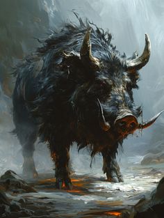 a painting of a horned animal with horns and long hair standing in the middle of a rocky area