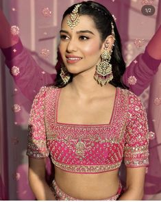 Jewellery For Pink Lehenga, Pink Blouse Designs For Lehenga, Blouse Designs For Lehenga, Indian Bridal Wear Red, Pink Blouse Designs, Designer Dresses Elegant, Red Jewellery, Floral Dresses With Sleeves, Coming Soon Stay Tuned