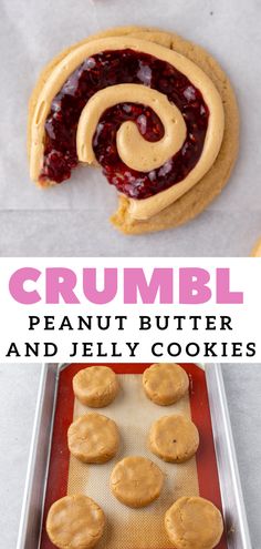 peanut butter and jelly cookies on a cookie sheet with the words crumbl over it