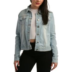 Elevate your look with this stylish women's denim jacket featuring a button-down front, pockets, and a versatile design perfect for any season. Size: M.  Color: Multicolor.  Gender: female.  Age Group: adult. Trendy Medium Wash Button-up Denim Jacket, Trendy Light Wash Button-up Outerwear, Denim Blue Single Breasted Denim Jacket, Spring Button-up Denim Jacket With Buttoned Pockets, Trendy Button-up Denim Jacket, Trendy Light Wash Denim Vest With Button Closure, Trendy Single-breasted Denim Blue Jacket, Spring Button-up Denim Vest With Snap Buttons, Trendy Denim Jacket With Button Closure For Winter