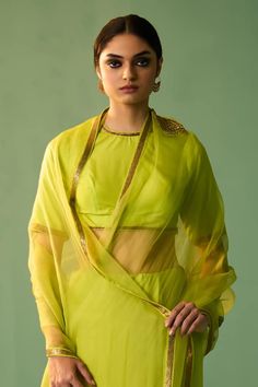 Lime green habutai silk and organza saree with dori, marori and zardosi hand embroidery. - Aza Fashions Saree Women, Indian Women Fashion, Saree For Women, Face Exercises, Embroidered Saree, Suits Design, Embroidery Suits Design, Organza Saree, Embroidery Suits