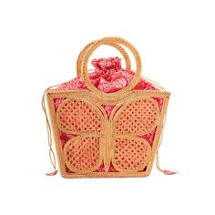 The enchanting, intricate latticework of this rattan handbag is made even more intriguing with its butterfly design and fabric-lined interior. This playful tote is lined with a bright paisley print fabric that peeks through its wicker folds. This bold yet feminine bag is sturdy enough to carry a mid-sized laptop or tablet and its drawstring allows some privacy for your essentials. It has a flat base and will easily maintain its shape. Take a bit of summer along with you wherever you go with the Luxury Open Weave Beach Bag, Luxury Open Weave Bag For Shopping, Luxury Open Weave Shopping Bag, Luxury Open Weave Bag For Everyday Use, Red Straw Travel Bag, Luxury Basket Bag With Bamboo Handle, Rectangular Rattan Bag With Open Weave, Rectangular Open Weave Rattan Bag, Rattan Bags With Bamboo Handle For Shopping