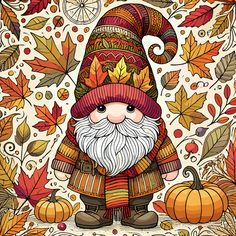 an illustration of a gnome with autumn leaves and pumpkins in the background, surrounded by fall foliage