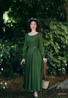 "This Vintage inspired Medieval dress Crafted with soft cotton linen in green hues, featuring pleated detail on the waist, this Long sleeve maxi dress will give you a perfect silhouette. This is a sophisticated, simple, timeless but also somehow contemporary. Wear this green dress for your leisurely life. DETAIL * Medium weight cotton linen blend fabric (50% Linen, 50% Cotton) * No lining, Don't see through * Two side seam pockets * Pleat detailed shoulder * Long Lantern sleeve * Right side zipp Green Long Sleeve Maxi Dress For Fall, Green Maxi Dress For Fall, Fitted Green Maxi Dress For Fall, Green Fitted Maxi Dress For Fall, Elegant Dark Green Maxi Dress, Fitted Green Chiffon Maxi Dress, Fitted Dark Green Floor-length Dress, Green Fitted Maxi Dress, Dark Green Fitted Floor-length Dress