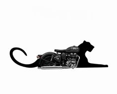 a black cat sitting on the back of a motorcycle with its tail curled up to it's side