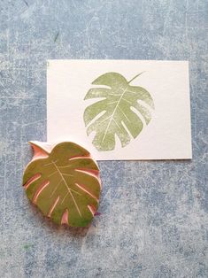 a card with a monster's leaf on it next to a green rubber plant