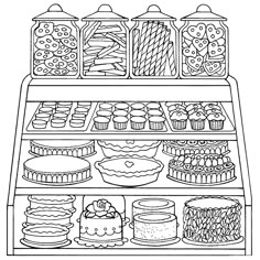 a bakery display case filled with lots of cakes and cupcakes on it's shelves