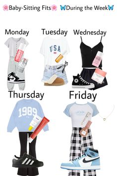 four different types of clothes with the words baby - sitting fits during the week on them