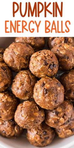 chocolate chip pumpkin energy balls in a white bowl with text overlay that reads, pumpkin energy balls