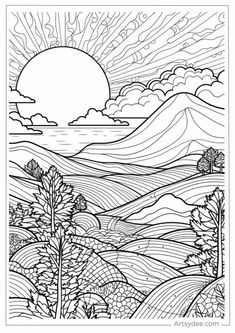 a coloring page with mountains and trees in the foreground, under a cloudy sky