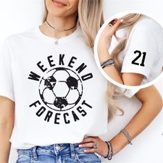 Distressed Weekend Forecast Soccer design customized with your players number on the sleeve on Bella Canvas UNISEX tshirt.  Please see size chart in the photos. **Turnaround time is up to 5-7 business days** Please note since all items are handmade, graphic placement may vary slightly. Please see our Policies: https://www.etsy.com/shop/SewBerryCuteBoutique#policies Production: We use only high quality blanks.   ||CARE INSTRUCTIONS|| *Turn inside out for protection. Wash in cold water. *Light dry Football Season Sports Fan T-shirt With Sublimation Print, White T-shirt For Football Season Team Events, Sports Fan Shirt With Team Logo, White T-shirt With Team Logo For Football Season, White T-shirt With Football Team Logo, Sublimation Print Tops For Game Day Sports Season, Crew Neck Sublimation Design For Football Season Team Events, White Team Logo Shirt For Sports Events, Sublimation Print Tops For Game Day