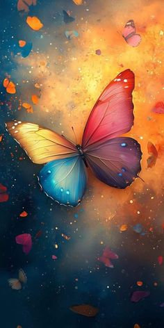 two butterflies flying in the sky with colorful petals around them and an orange glow behind them