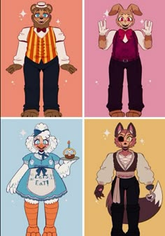 four cartoon characters in different outfits