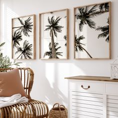 three palm trees are hanging on the wall above a wicker chair