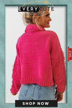 Pink Ribbed Turtleneck Fuzzy Sleeve Knit Sweater Trendy Textured Knit Top For Cold Weather, Stylish Sweater, Pink Ribbed, Stylish Sweaters, Ribbed Turtleneck, Cozy Sweater, Cozy Sweaters, Knitting Designs, The Pink