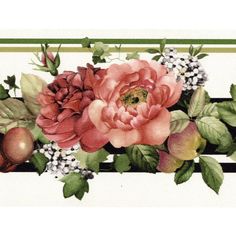 a painting of flowers and fruit on a black and white striped background with green leaves