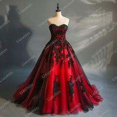 Black And Red Dress Formal Ball Gowns, Red Evening Dress For Halloween, Red Dress With Fitted Bodice And Long Train, Red Strapless Dress For Costume Party, Red Dress With Corset Back For Costume Party, Black Dress With Long Train For Prom Season, Black Prom Dress With Long Train, Black Long Train Dress For Prom, Black And Red Corset Prom Dress