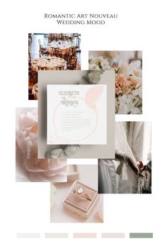 Romantic art nouveau blush wedding mood board; art nouveau butterfly wedding invitation, rose gold diamond engagement ring, art nouveau bridal gown, blush and white roses, blush table decor. Pink And Sage Green Wedding, Green Wedding Stationery, Blush Wedding Inspiration, Art Nouveau Weddings