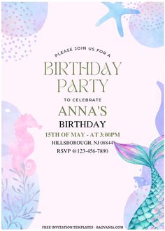 a birthday party card with an image of a mermaid