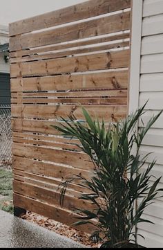 a wooden fence next to a house with a potted plant in front of it