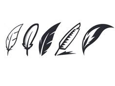 four different types of feathers are shown in black on a white background with the words feather written