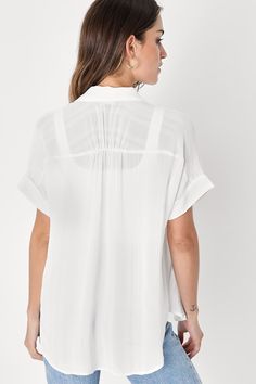 The styling possibilities are endless with the Lulus Everlee White Striped Button-Up Top! Semi-sheer woven fabric, with a subtle striped pattern, shapes this cute top with a collared neckline and short, cuffed sleeves. Relaxed bodice, with a full button placket down the front, tucks perfectly into your favorite high-waisted bottoms thanks to a rounded hem that's slightly longer at back. Camisole not included. Fit: This garment fits true to size. Length: Size medium measures 26.5" from shoulder t Versatile Summer Blouse With Collared Neckline, Versatile Collared Blouse For Summer, Summer Button-up Blouse For Layering, Summer Collared Blouse For Layering, Chic Button-up Tops For Layering, Summer Layering Button-up Blouse, Summer Tops With Button Closure For Layering, Relaxed White Button-up Top, White Striped Collar Button-up Blouse