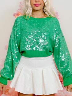 Swear By Sequins Green Sweater | sassyshortcake.com | Sassy Shortcake Sequins Sweater, Sassy Shortcake, Wonder Land, Sequin Sweater, Winter Wonder, Feminine Aesthetic, Pink And Red, Cute Fits, Green Sweater