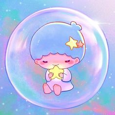 a cartoon character holding a star in a bubble with stars on the side and a blue sky background