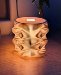 a wooden table with a potted plant in the center and a light on top